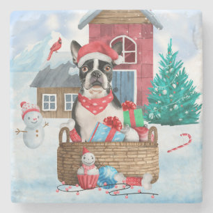 Porta-copo De Pedra Boston Terrier Dog Na Casa Dos Cachorros De Natal