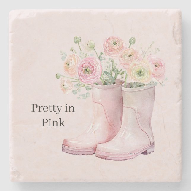 Porta-copo De Pedra Botas de Chuva com Flores de Ranúnculo Rosa (Frente)