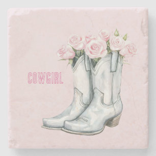 Porta-copo De Pedra Botas Vaqueira Prata Rosas Rosa Bonito