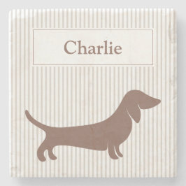 Porta-copo De Pedra Brown Dachshund em Beige Stripes Nome Personalizad