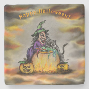 Porta-copo De Pedra Bruxa e Gato Negro, Feliz Halloween!