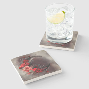 Porta-copo De Pedra Bruxaria Moon Crescente com Rosas vermelhas Góti