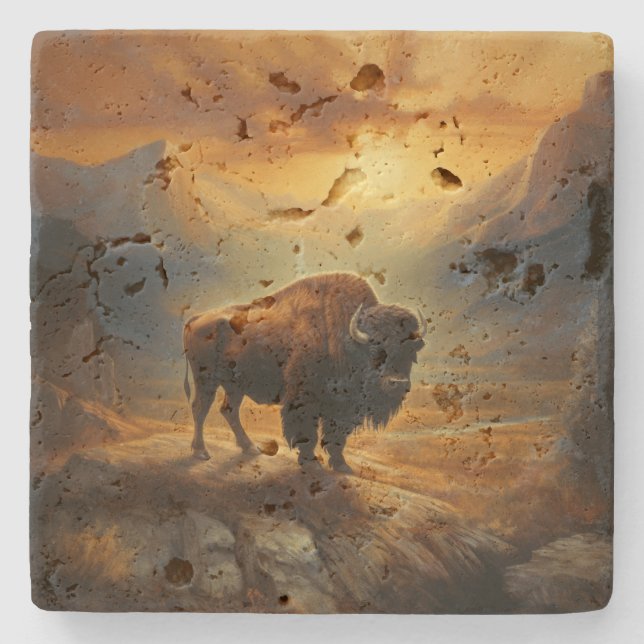 Porta-copo De Pedra Buffalo Bison Sunset Silhouette (Frente)
