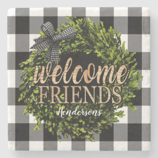 Porta-copo De Pedra Buffalo Check Black and White Boxwood Wreath
