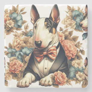 Porta-copo De Pedra Bull Floral Terrier, de cor branca retrô