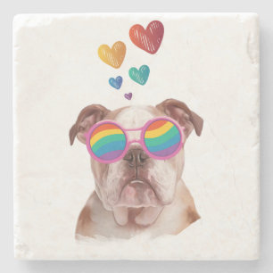 Porta-copo De Pedra Bulldog Inglês com Corações Dia dos Namorados