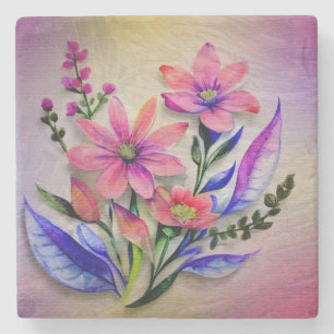 Porta-copo De Pedra Buquê de Flores Aquarela, Fundo Colorido