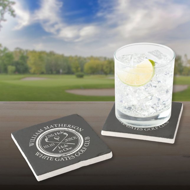 Porta-copo De Pedra Buraco de Golfe em Um Personalizado Preto e Branco (Golf Hole in One Personalized Black And White Stone Coaster)