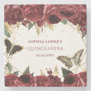Porta-copo De Pedra Burgundy Dourado Floral Borboletas Quinceanera   