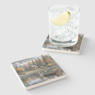 Porta-copo De Pedra Cabina de torre de montanha com barco a remo em um