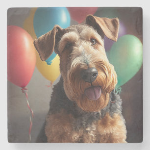 Porta-copo De Pedra Cachorro Airedale com bolo e balões