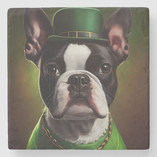 Porta-copo De Pedra Cachorro Boston Terrier vestido para o Dia de São  (Frente)