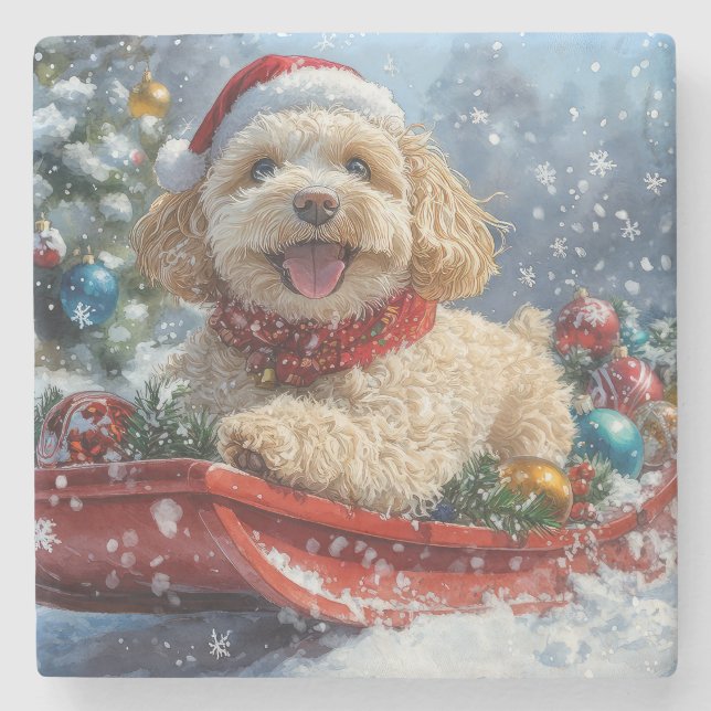 Porta-copo De Pedra Cachorro Cockapoo no Trenó 'Deixe Nevar' Natal (Frente)