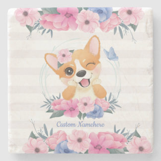 Porta-copo De Pedra Cachorro Corgi Fofo Coroa de Flores Borboleta Azul