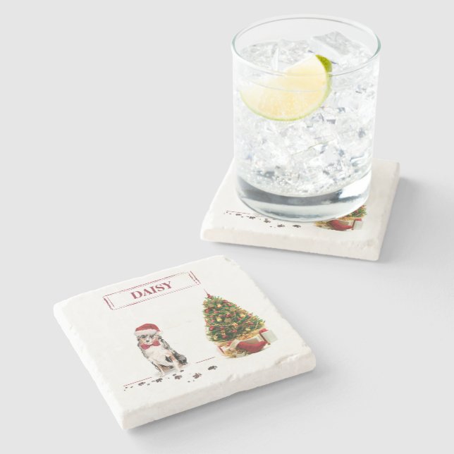 Porta-copo De Pedra Cachorro de Natal Engraçado com Pastor Australiano (Lateral)