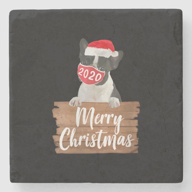 Porta-copo De Pedra Cachorro de Natal feminino Presente Boston Terrier (Frente)
