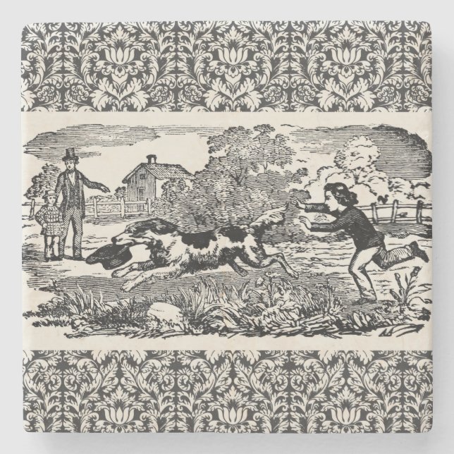 Porta-copo De Pedra Cachorro executando ilustração vitoriana antiga de (Frente)