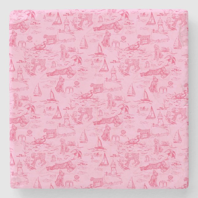 Porta-copo De Pedra Cachorro Marinho Toile Rosa  (Frente)