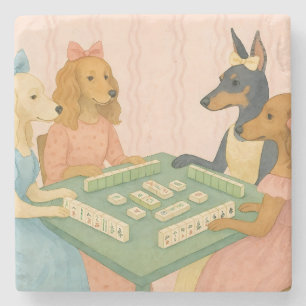 Porta-copo De Pedra Cães Lindos e Antigos Jogando Mahjong