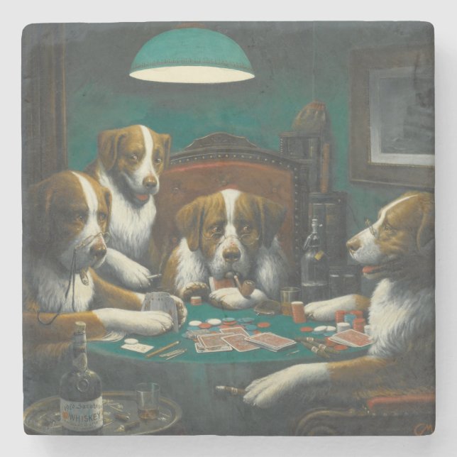 Porta-copo De Pedra Cães São Bernardo Jogando Poker (Frente)
