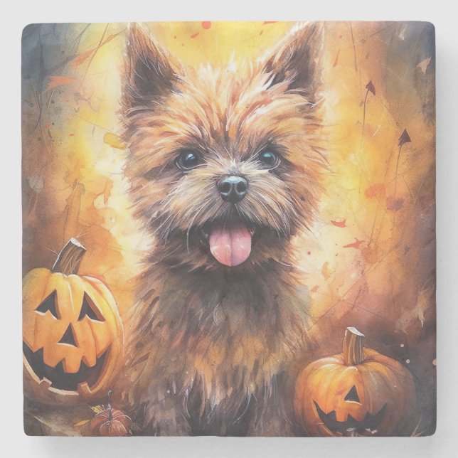Porta-copo De Pedra Cairn Terrier de Halloween com Abóboras Assustador (Frente)