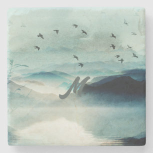 Porta-copo De Pedra Calm Monogramed Nature Aquarela Cena de Montanha