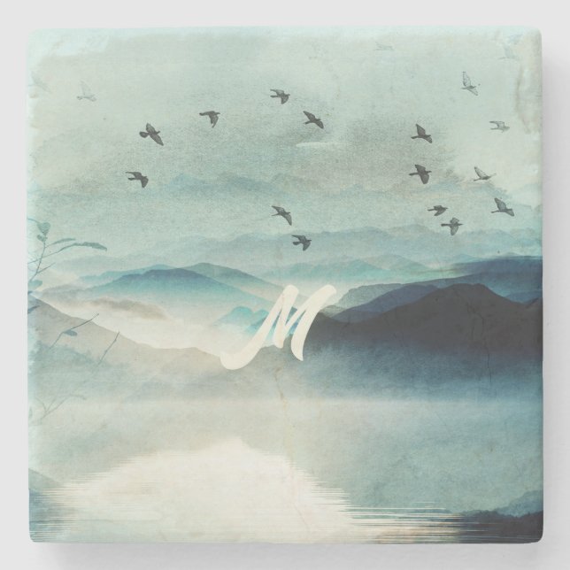 Porta-copo De Pedra Calm Natureza Aquarela Cena Montanha Monograma (Frente)