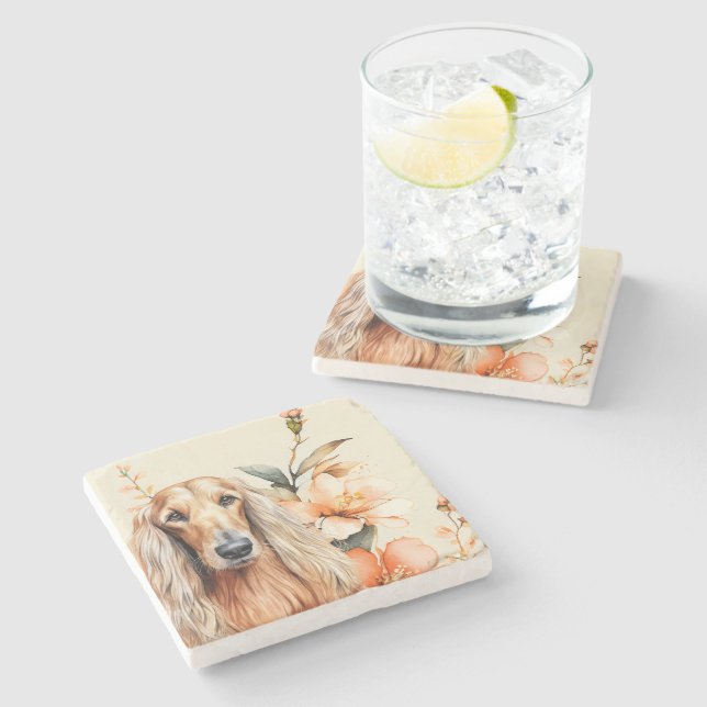 Porta-copo De Pedra Cão Afghan Hound e Lírios de Pêssego (Lateral)