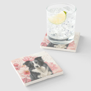 Porta-copo De Pedra Cão Border Collie e Lírios Rosa Ousados