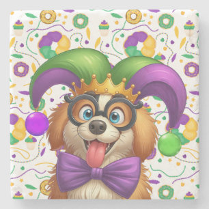 Porta-copo De Pedra Cãozinho bonito Mardi Gras com chapéu de gester