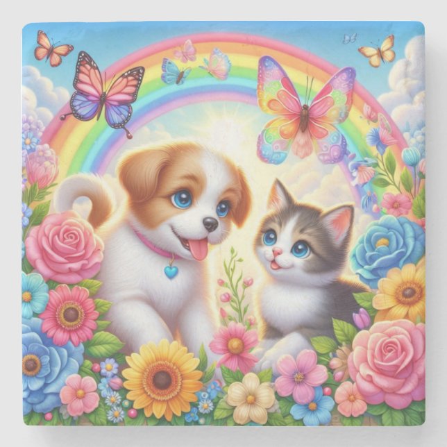 Porta-copo De Pedra Cãozinho/cachimbo/arco-íris de gatinho (Frente)