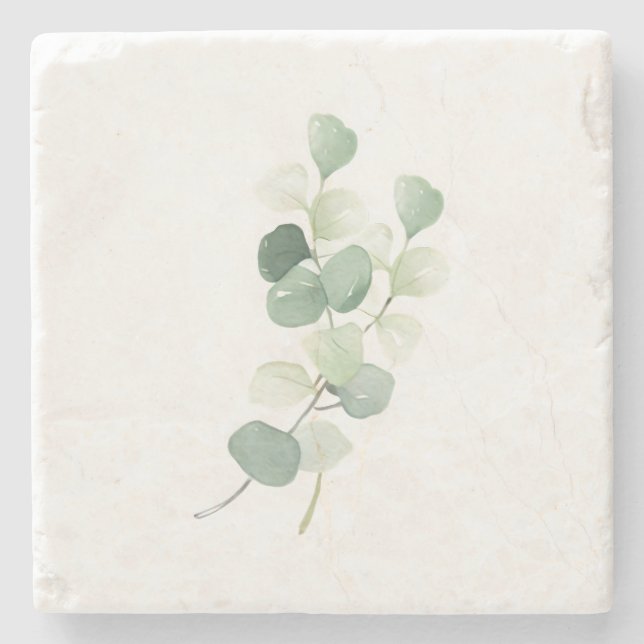 Porta-copo De Pedra Capa de Edredão Folhas de Eucalipto Verde Pastel (Frente)