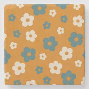 Porta-copo De Pedra Caprichoso Floral Marrom e Azul Retro, Alegre