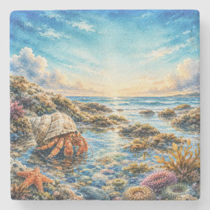 Porta-copo De Pedra Caranguejo Ermitão Aquarela Explorando Poça de Mar