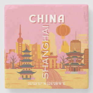 Porta-copo De Pedra Cartaz Antigo de Viagens para Xangai, China