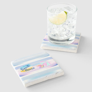 Porta-copo De Pedra Casa de Praia Azul e Rosa Stone Coaster