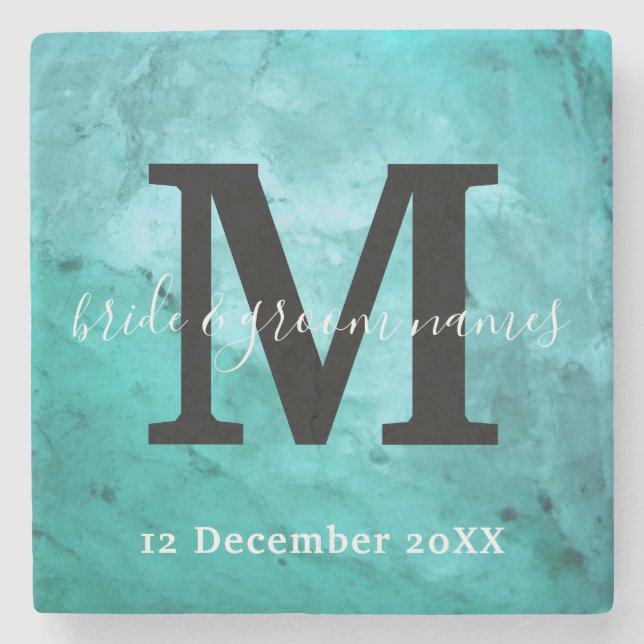 Porta-copo De Pedra Casamento de Monograma Branco e Preto Marble Elega (Frente)