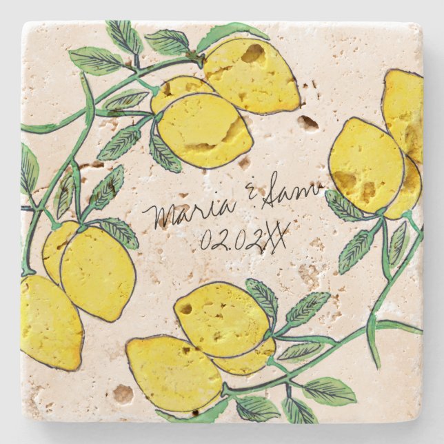 Porta-copo De Pedra Casamento de Rótulo de Limão de Aquarela Script  (Frente)