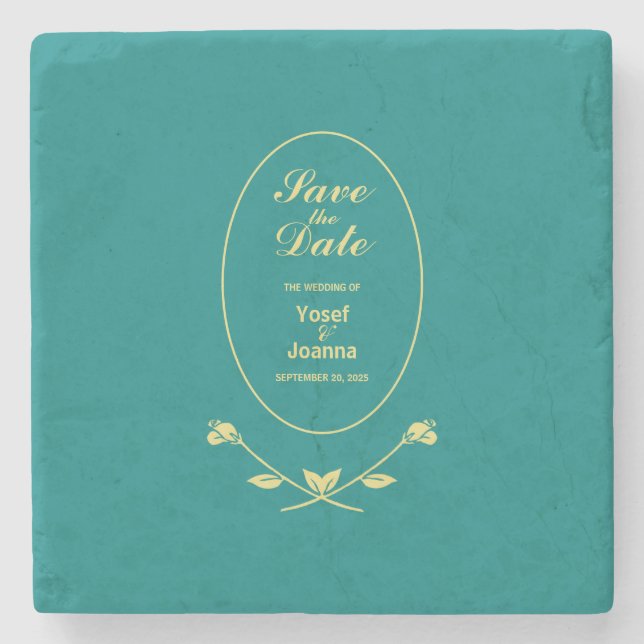 Porta-copo De Pedra Casamento de Teal Rosa Salve a Data (Frente)