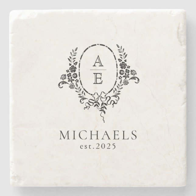 Porta-copo De Pedra Casamento do Monograma Floral Branco e Preto Elega (Frente)