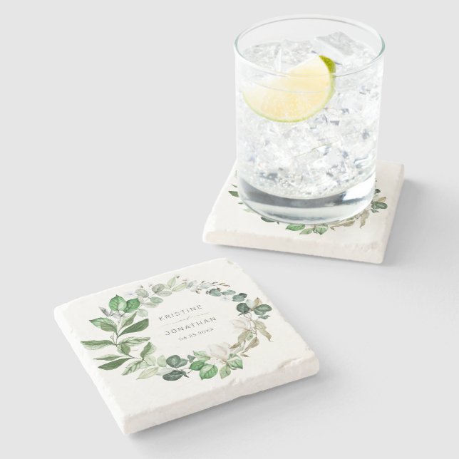 Porta-copo De Pedra Casamento Floral Branca de Sage Greenery Wreath (Lateral)