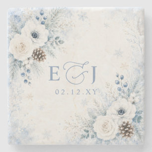 Porta-copo De Pedra Casamento Floral de Inverno Azul Empoeirado Modern