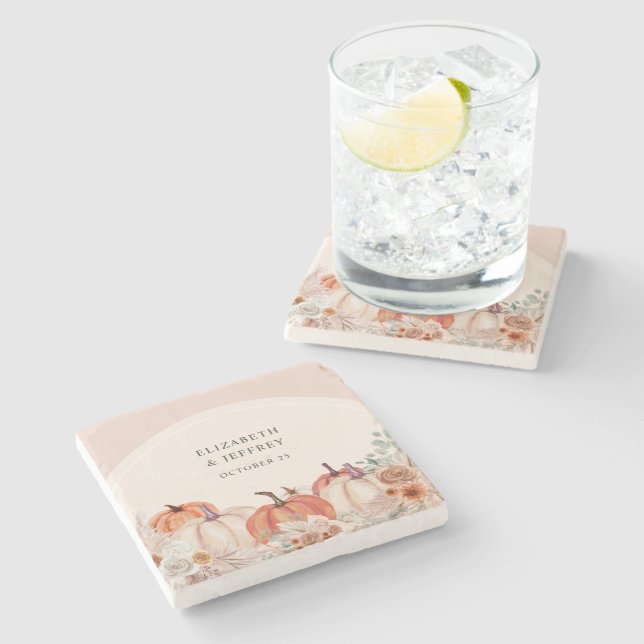 Porta-copo De Pedra Casamento outono Boho Terracotta Pampas Pumpkins (Lateral)