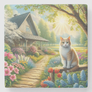 Porta-copo De Pedra Casca de primavera/jardim e gato