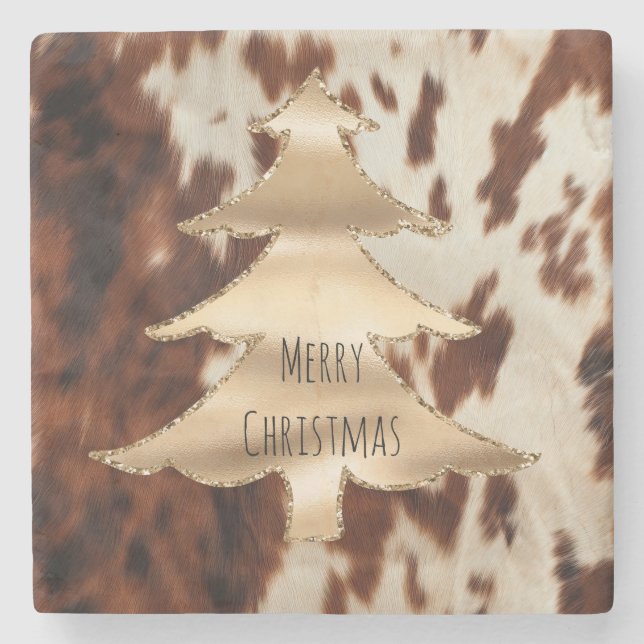 Porta-copo De Pedra Castanho Cream Western Cowhide Christmas (Frente)