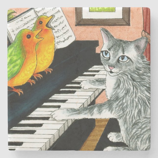 Porta-copo De Pedra Cat 457 playing Piano Birds (Frente)