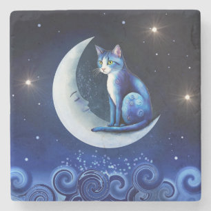 Porta-copo De Pedra Cat on Crescent Moon Blue Cat 773