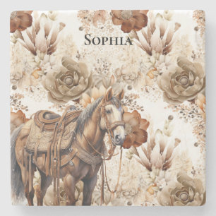 Porta-copo De Pedra Cavalo Ocidental Creme Marrom Floral