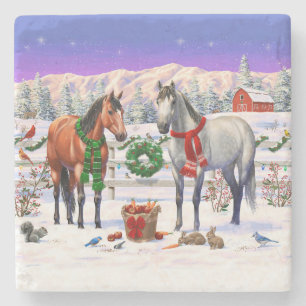 Porta-copo De Pedra Cavalos de Natal na neve