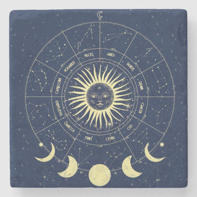 Porta-copo De Pedra Celestial Sun Moon Fases Zodiac (Frente)